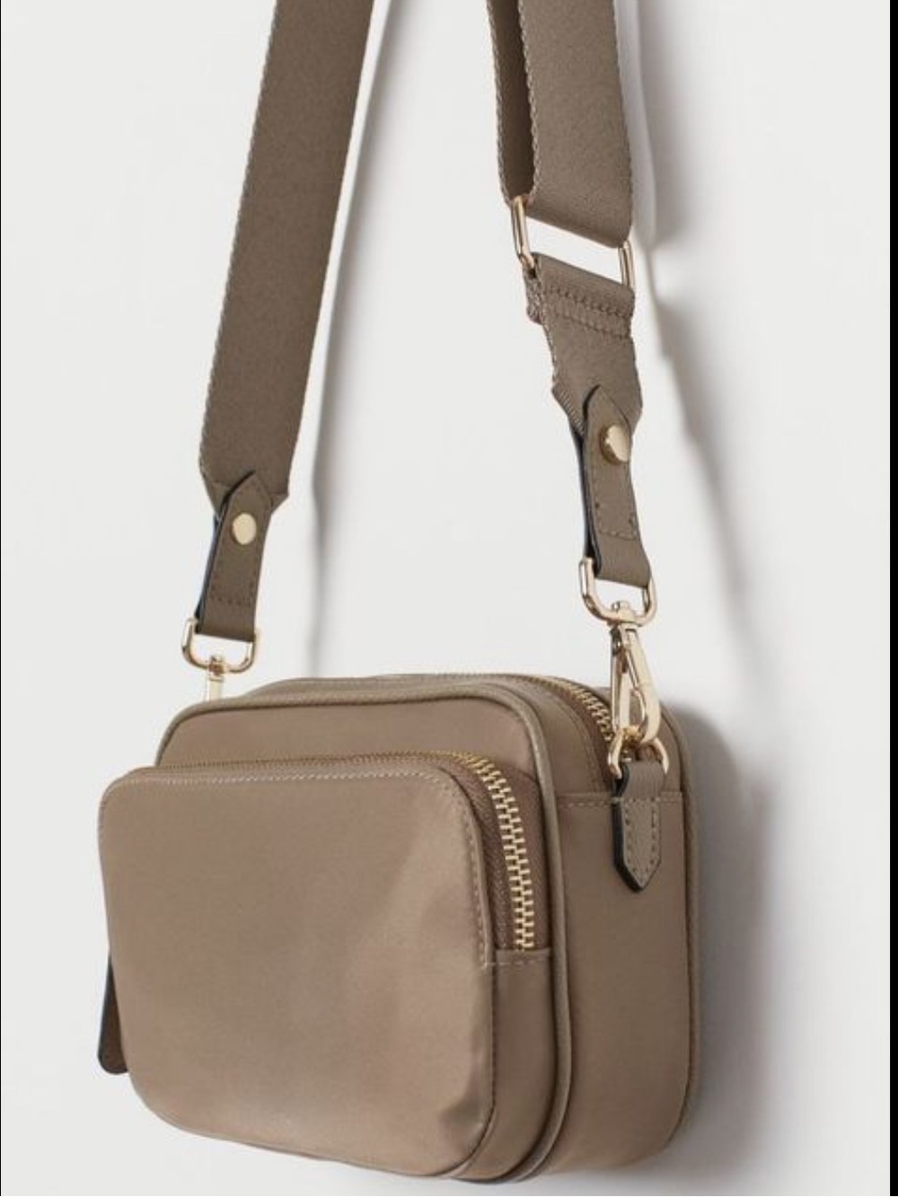 H&M Taupe Crossbody Sling Camera Bag with Gold Hardware and two zippers